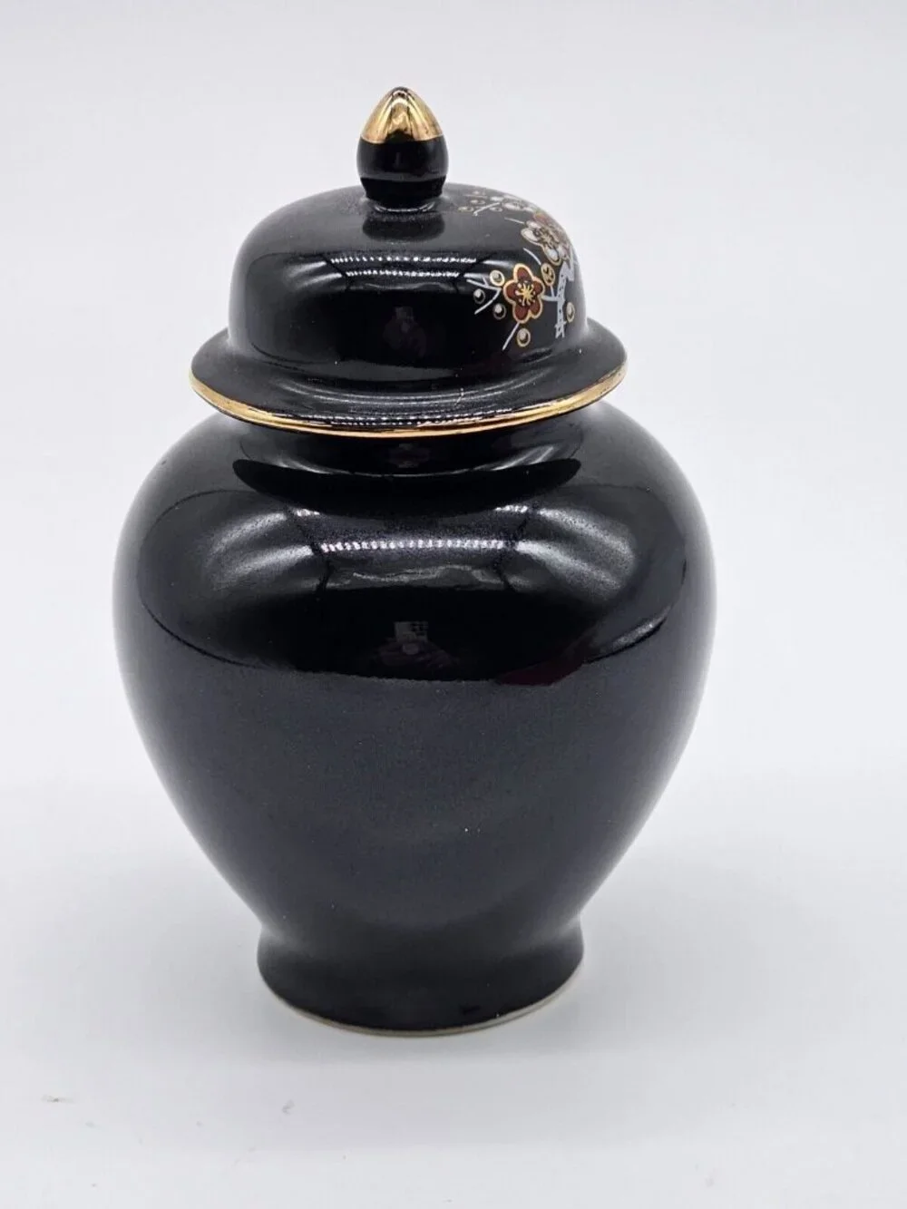 Asahi Japan Vase Black Floral Porcelain Peacock Ginger Jar Urn with Lid